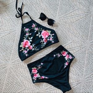 floral high waisted, halter top two piece